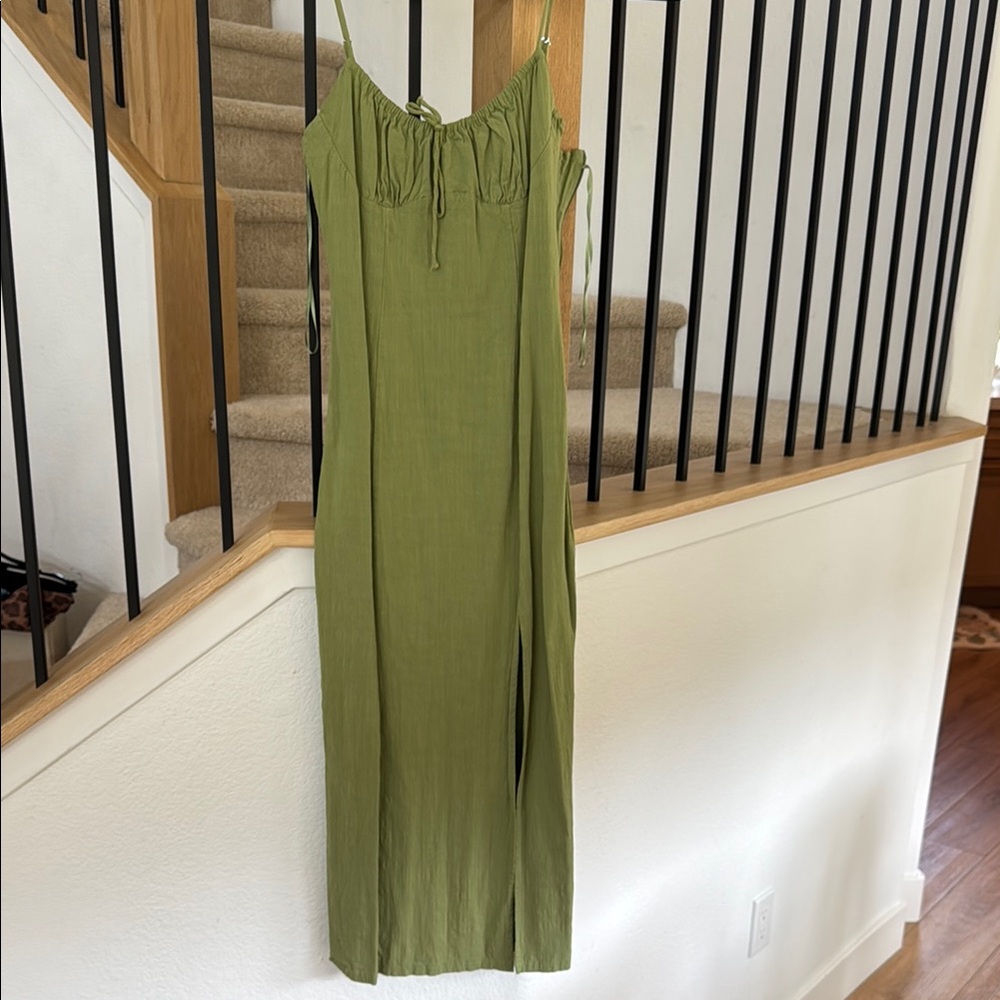 Linen Green Spaghetti Strap midi dress